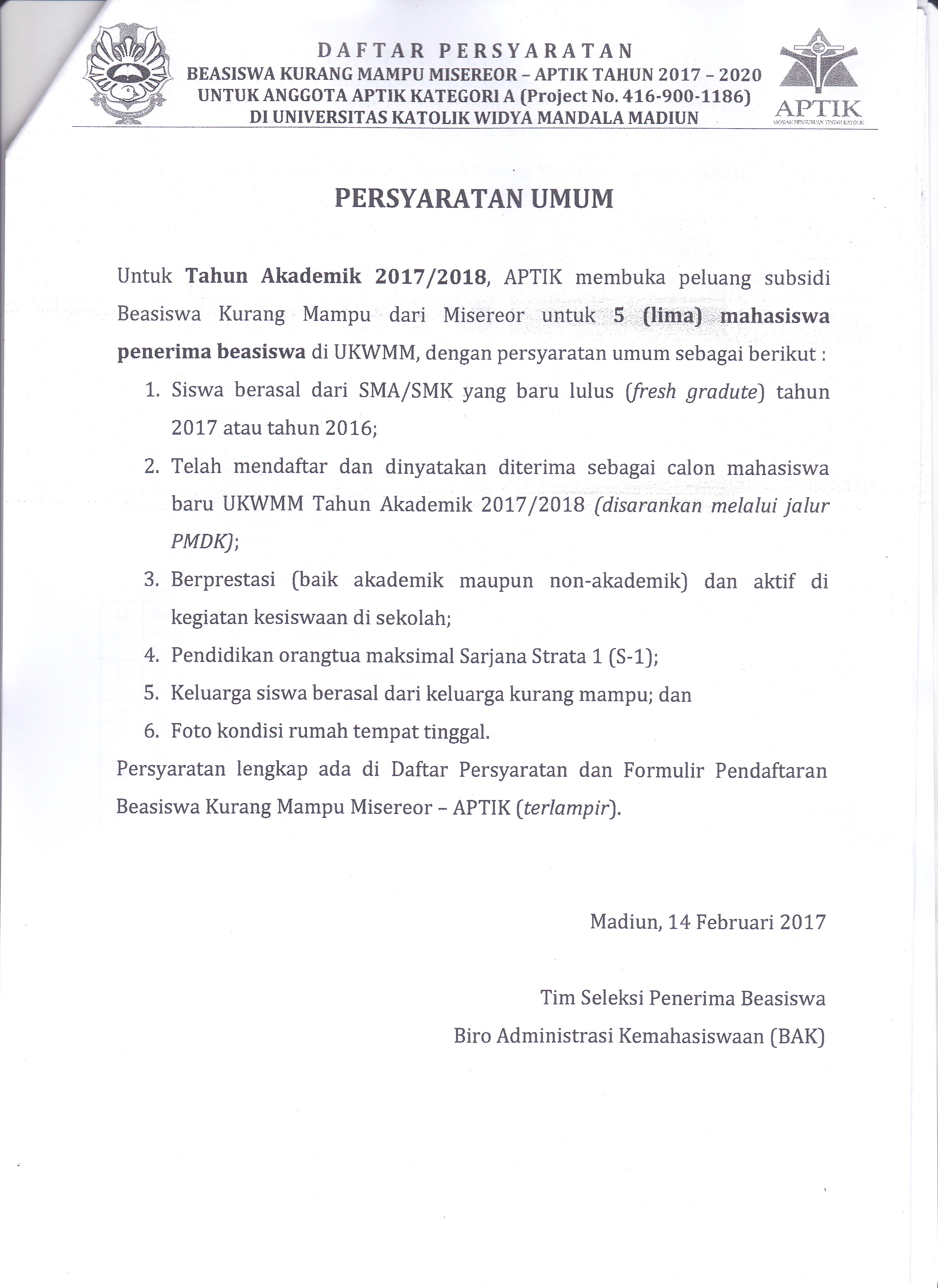 Perayaratan Beasiswa APTIK